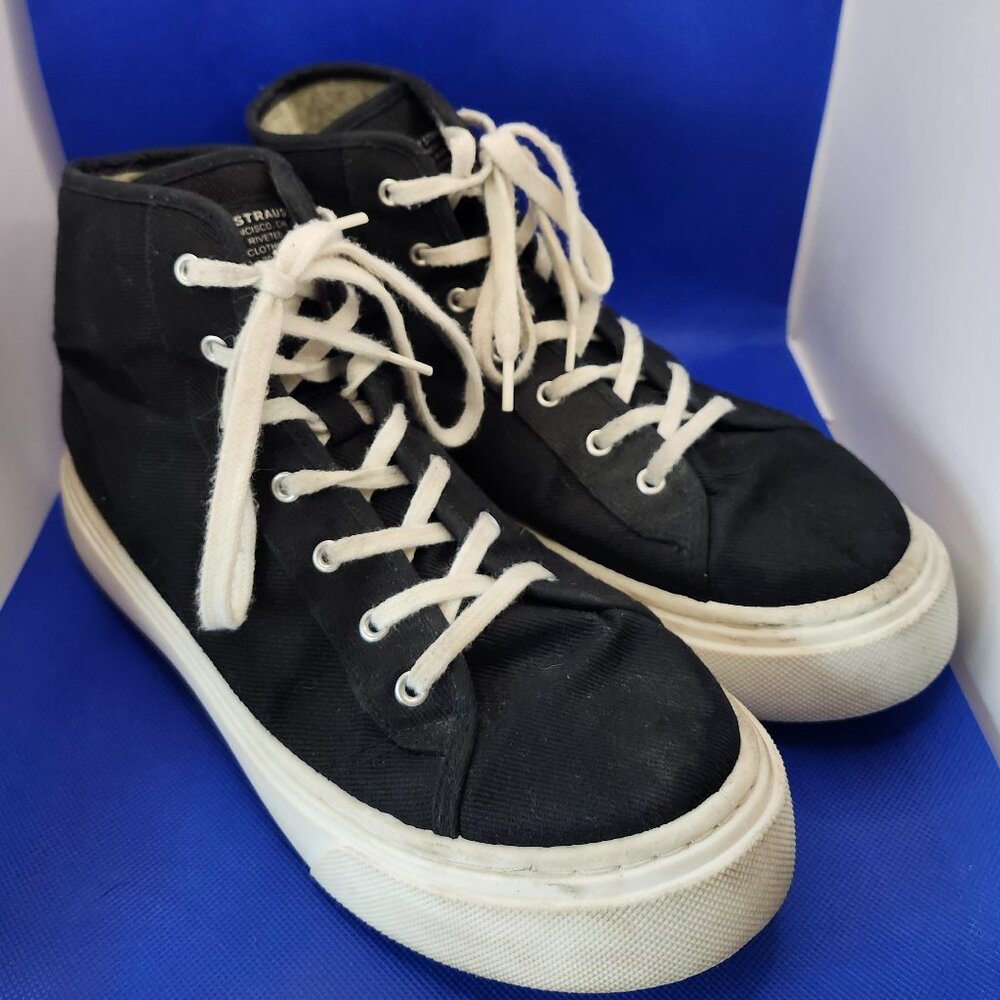 LEVI'S LADIES BLACK HI-TOP CANVAS SNEAKERS Sz 9 WIDE WHITE SIDEWALLS 520811-01A1